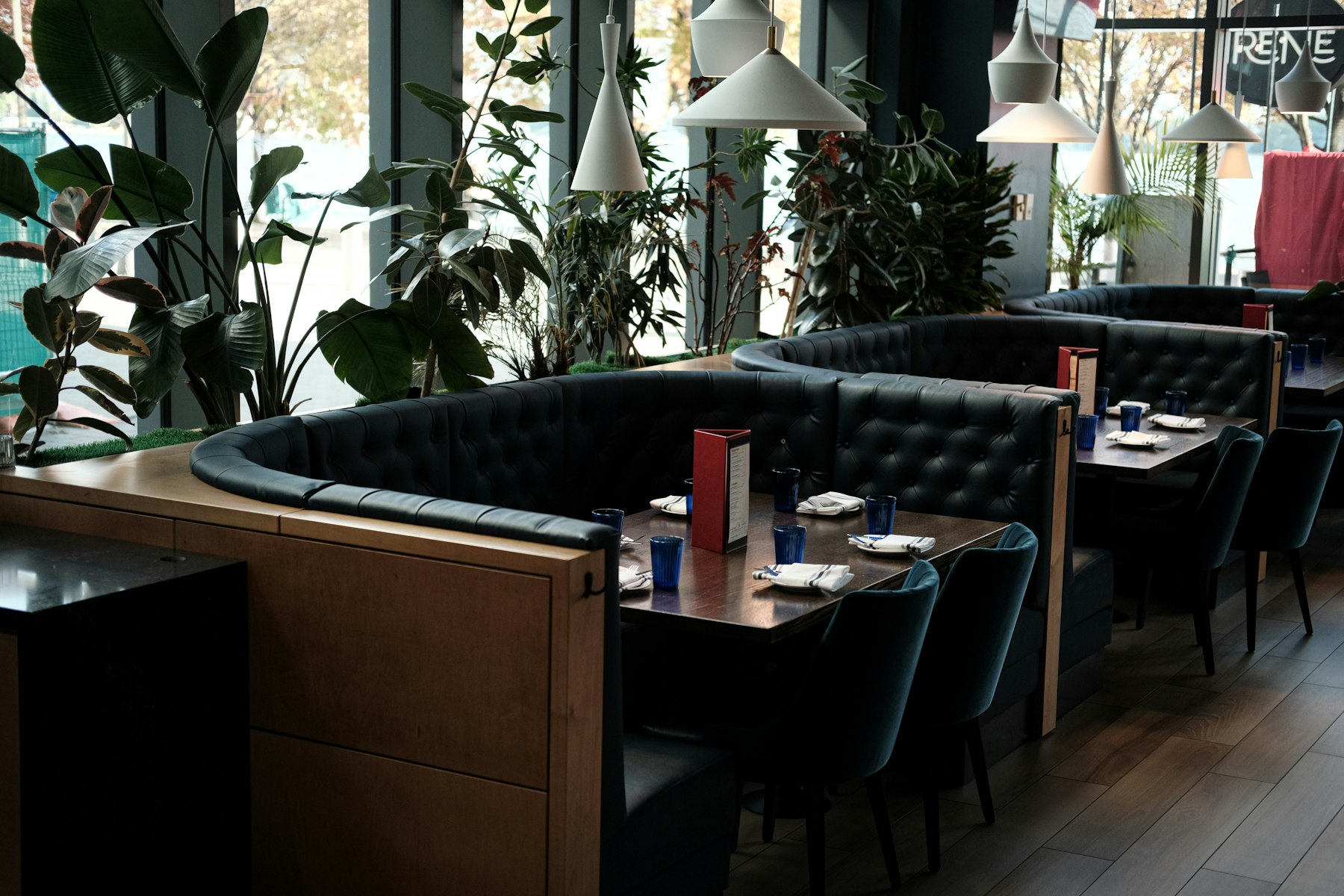 Grüne Polsterbänke im Cafe Kranister